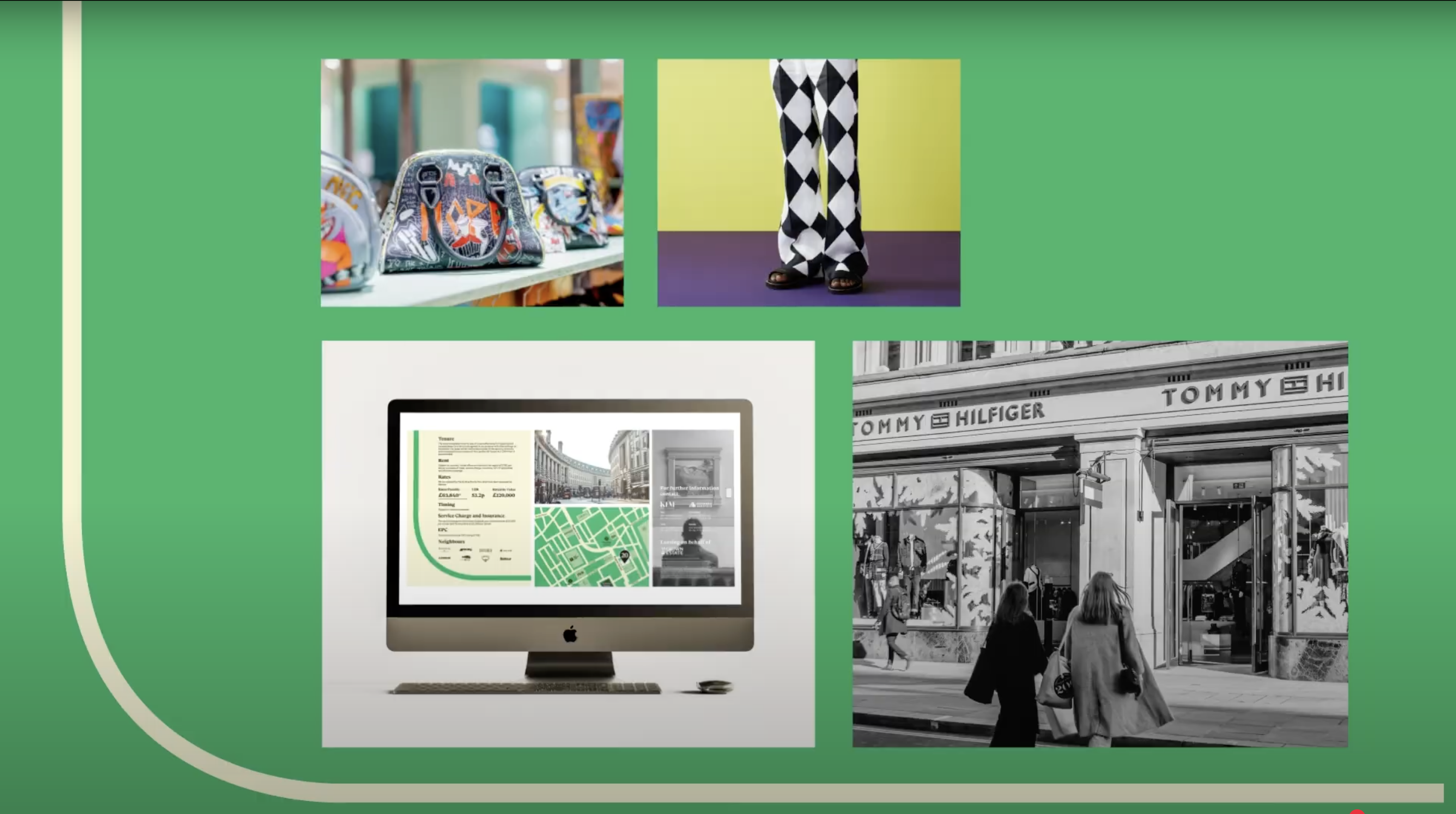 Green-framed composition with a monitor and reference stills.