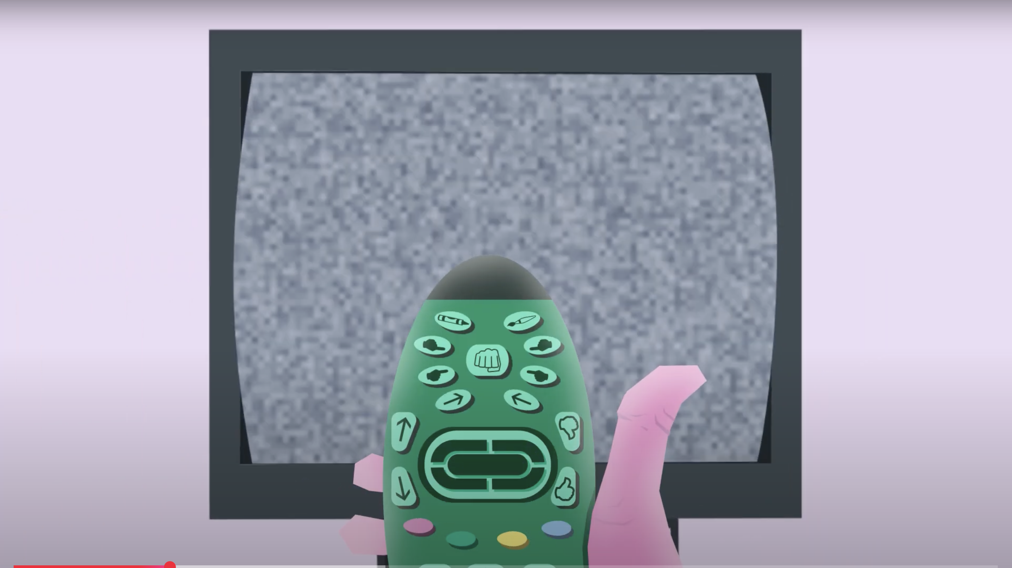 A framed still showing the bulletin monitor and surrounding collage.