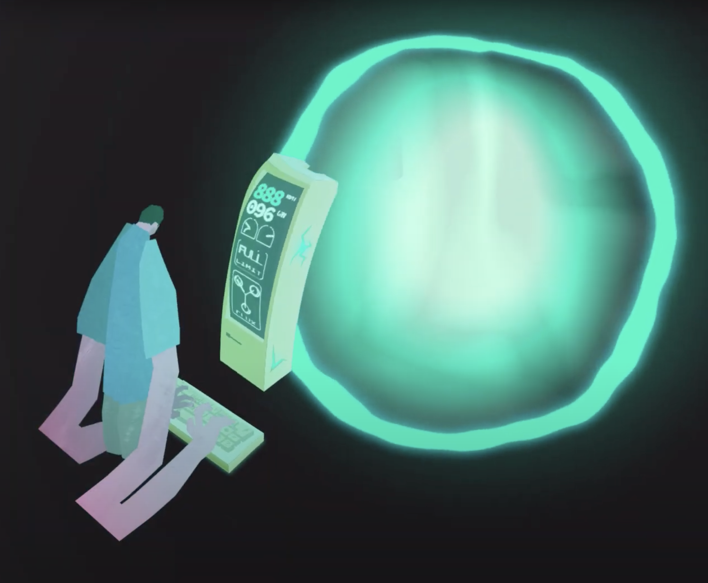 A dark frame featuring the kiosk and the glowing portal.