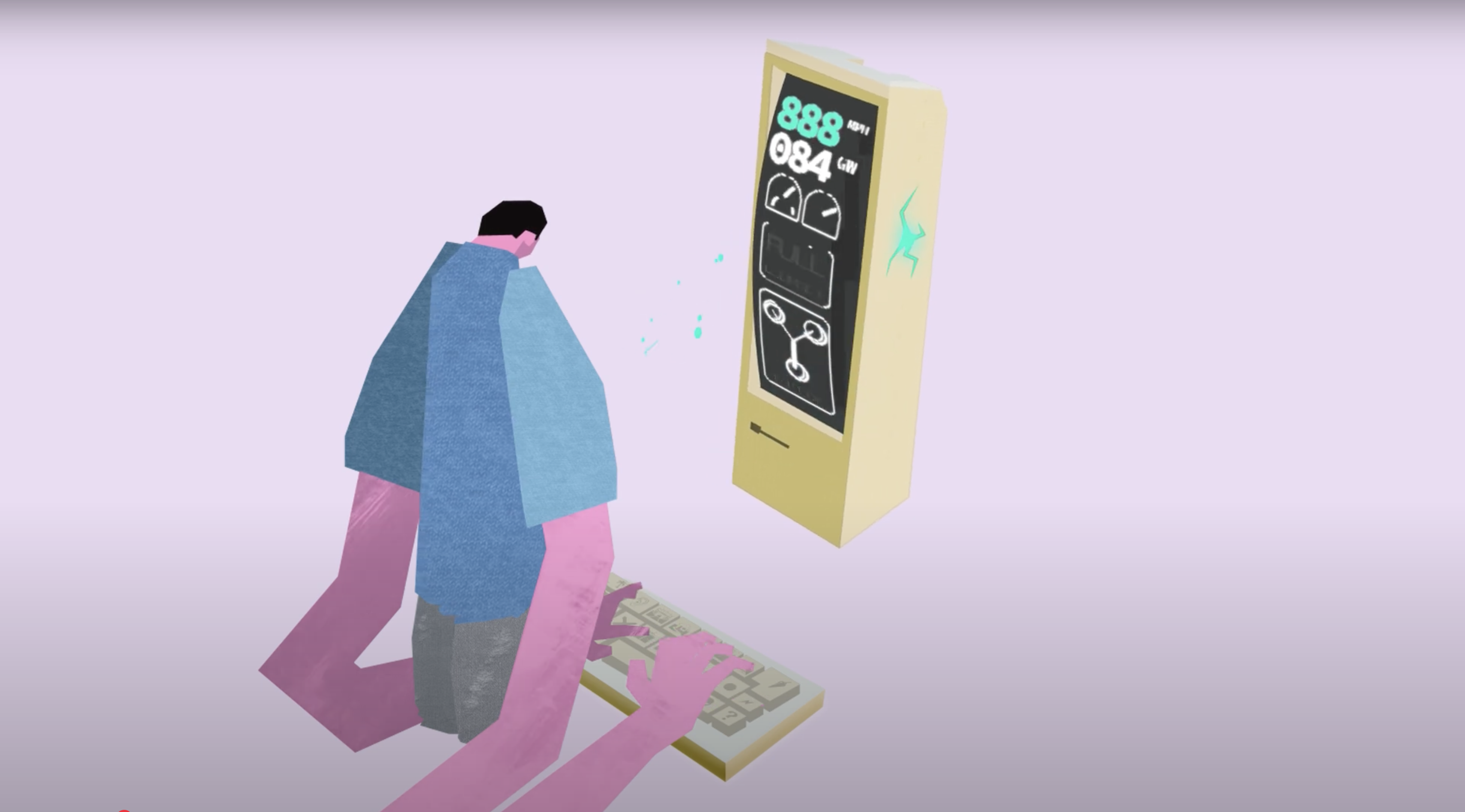 A showreel still featuring a stylized character facing a glowing kiosk.