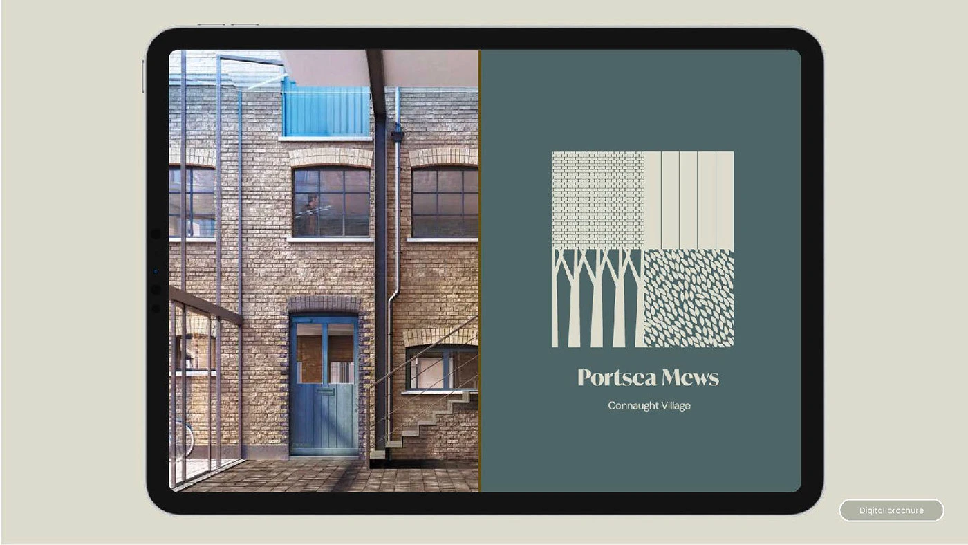 Tablet brochure mockup with the Portsea Mews identity.