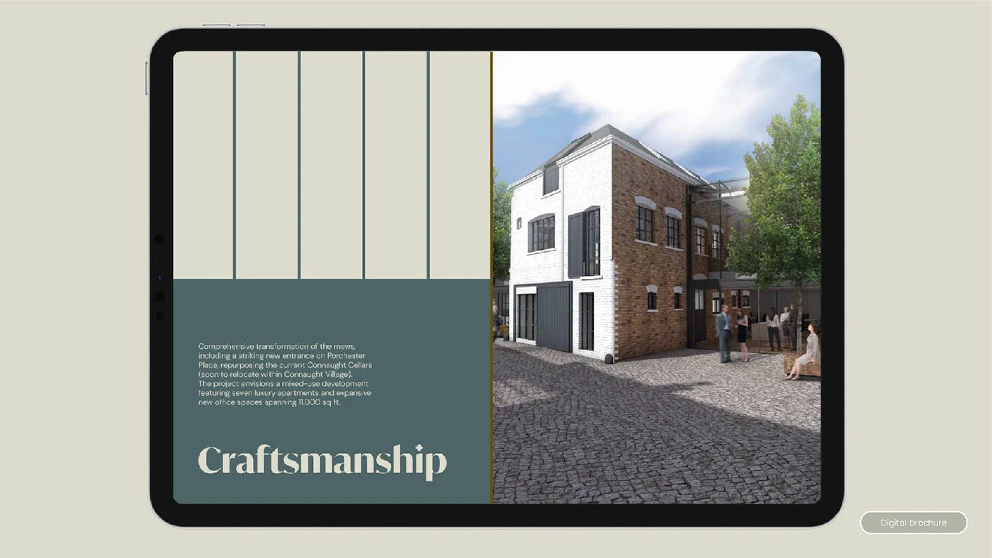 Digital brochure mockup featuring the Portsea Mews identity and architectural render.