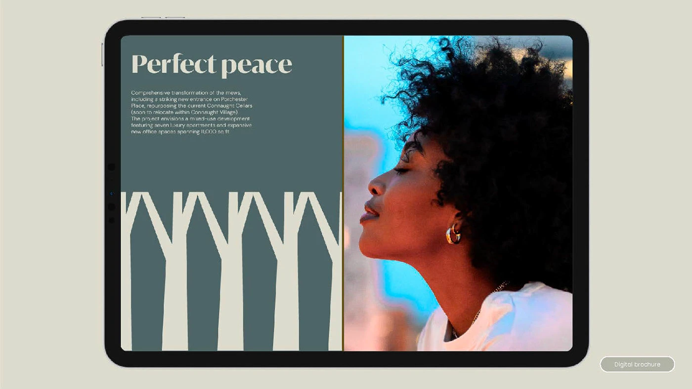 Editorial brochure layout titled Perfect peace.