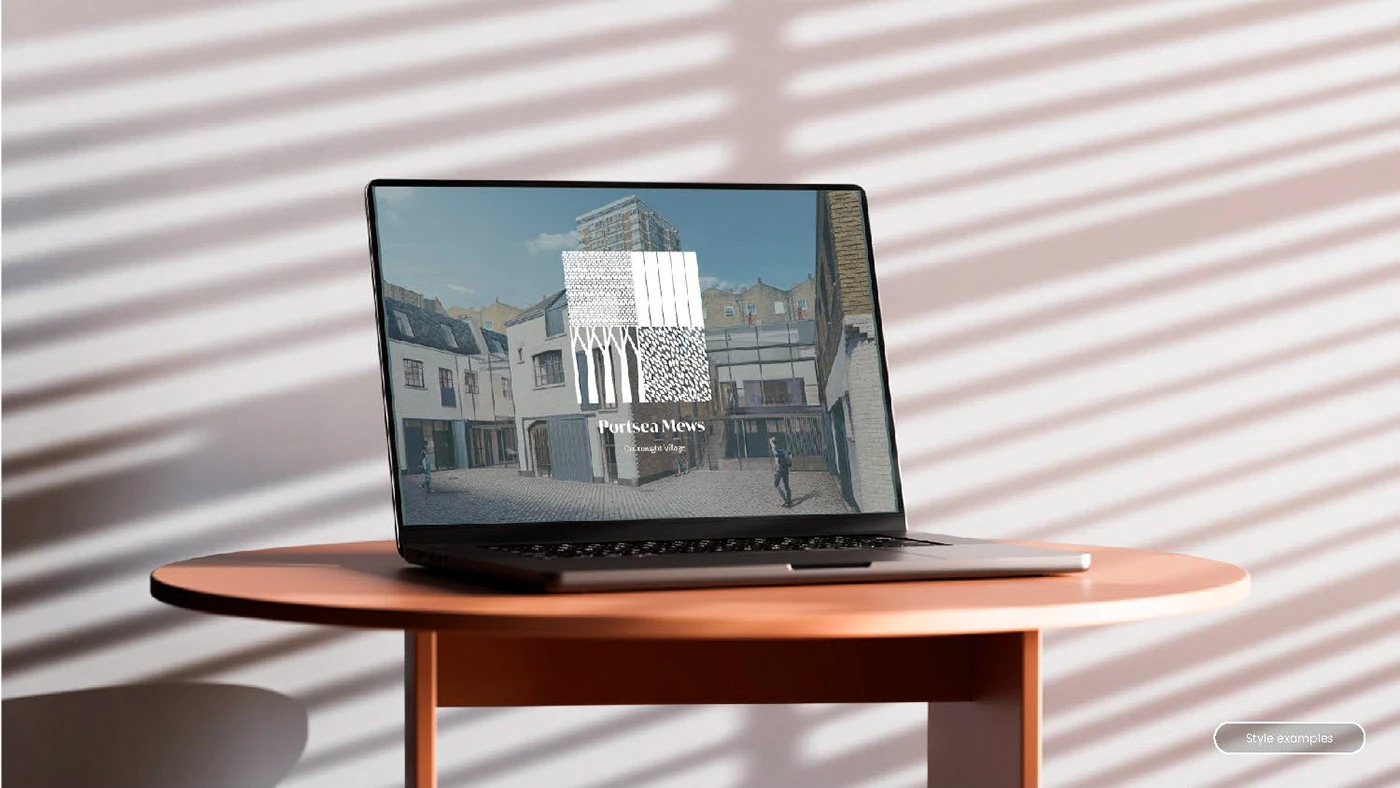 Laptop mockup showing a Portsea Mews landing page concept.