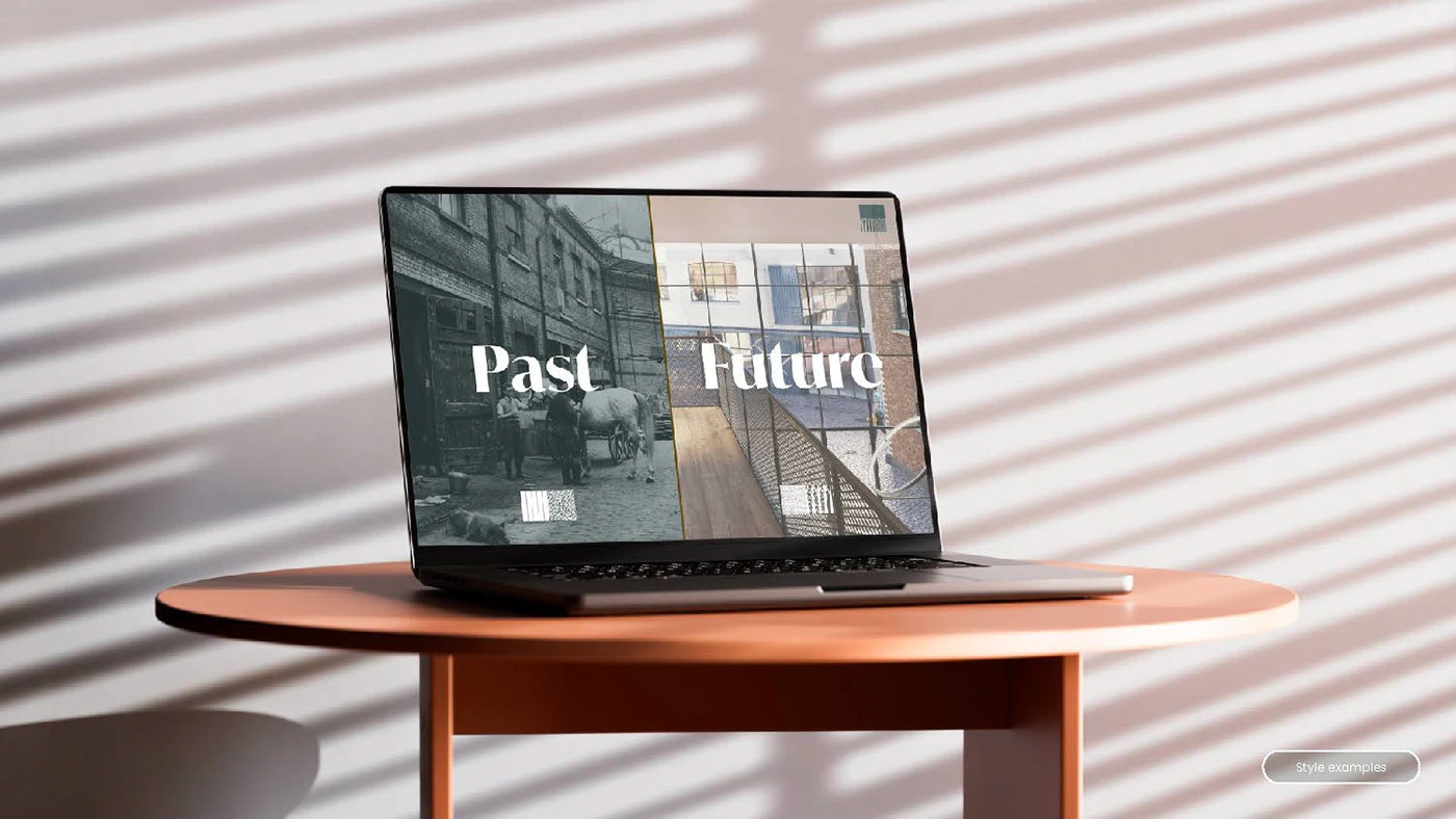 Laptop mockup contrasting Portsea Mews past and future imagery.