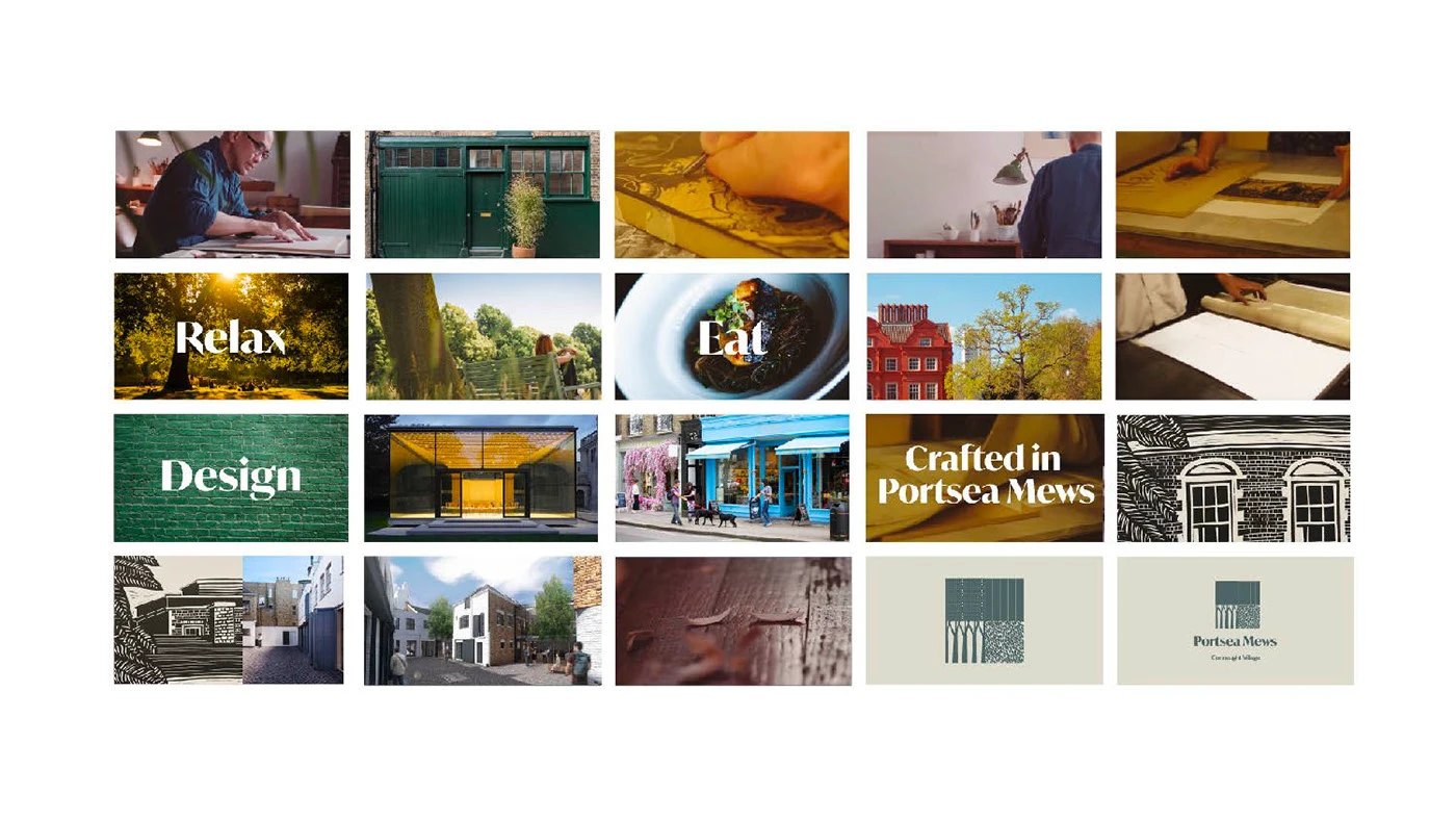 Campaign board presenting photography, headlines and Portsea Mews logo studies.