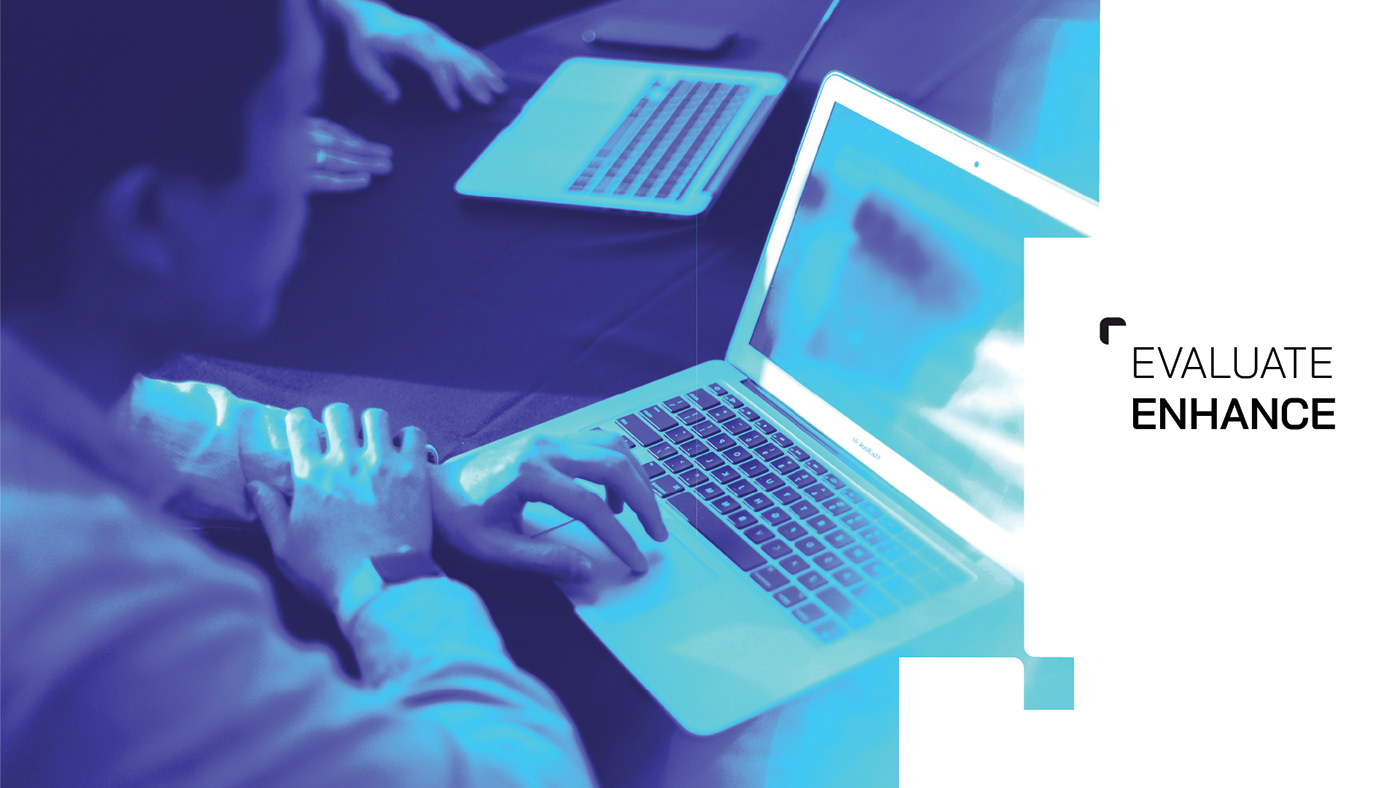 Evaluate Enhance card showing a blue-toned laptop scene.